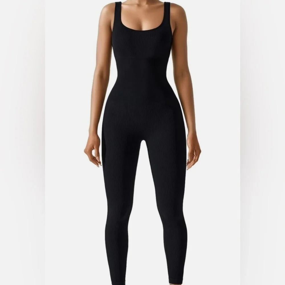 NWT Women's Black Ribbed Full Length Black Bodysuit with Pockets Athletic Sm